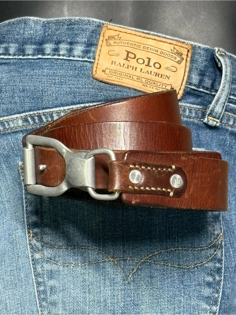 Polo Ralph Lauren Brown Leather 34-36 Vintage Matte Rivet Hook Saddle Stitch